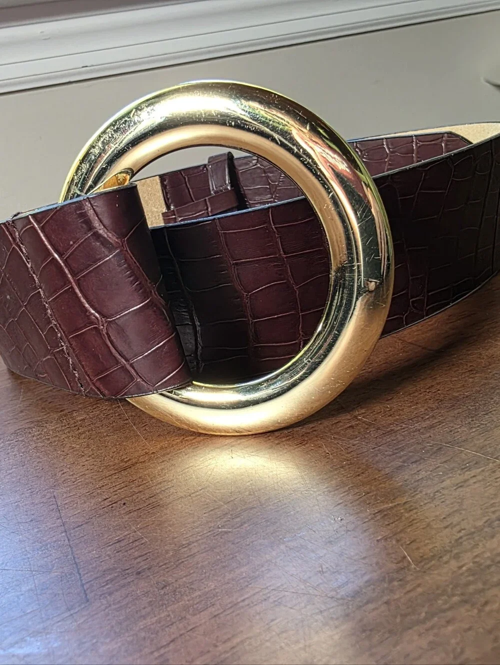 Genuine Leather Croc Embossed O-Ring Belt Gold Round Buckle Dark Brown L